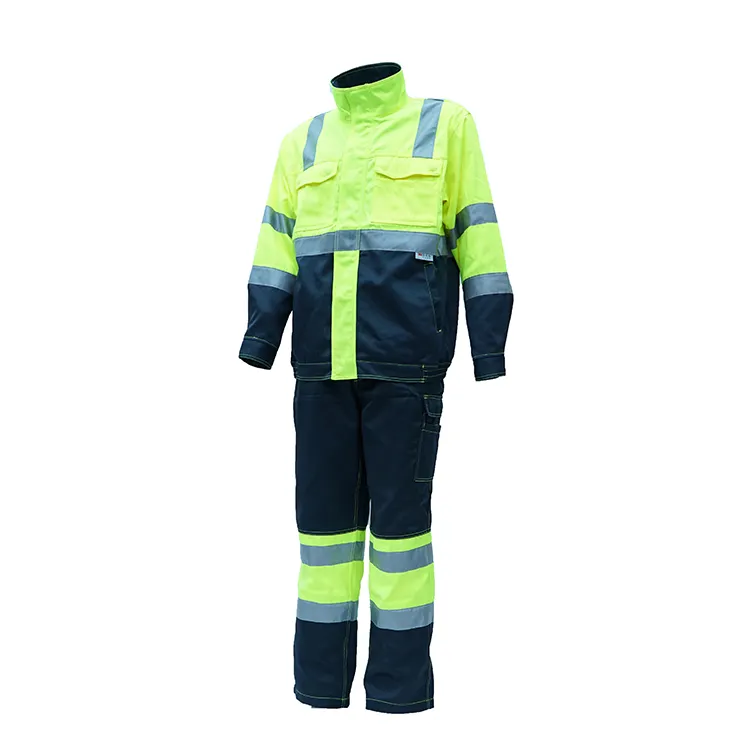 Toptan yüksek görünürlük iş giysisi Softshell su geçirmez yansıtıcı güvenlik kıyafeti rüzgar geçirmez ceket ve Bib pantolon