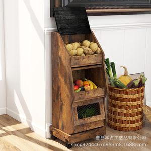 Chariot de rangement en bois à 3 niveaux, portable, avec roulettes, pour cuisine, légumes, pommes de terre, pain, style rustique - Product Image 2