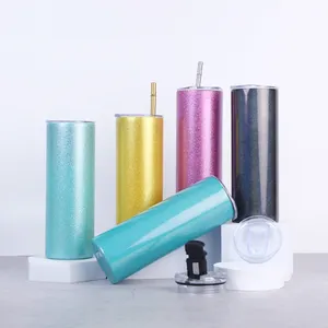 CN depo 20 oz düz boşlukları paslanmaz çelik bardak çift duvarlı 20 oz sıska süblimasyon Glitter toz Tumblers saman ile