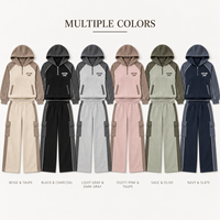 Ensemble deux pièces pour femme : sweat à capuche demi-zip raglan color block et pantalon cargo large pour un style décontracté au quotidien