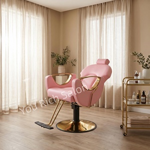 Sillón de Barbería de Lujo Rosa, Silla Hidráulica de Estilismo para Salón, Base Dorada, para Peluquería - Product Image 1