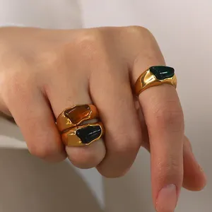 Vintage Stainless Steel Natural Gemstone Wedding Rings Fashion 18k Gold Plated Green Irregular Stone Rings Jewelry Women