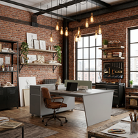 Poste de travail moderne et durable en panneau de particules E1, avec armoire latérale, écran de confidentialité, pieds inclinés, bureau double pour deux utilisateurs