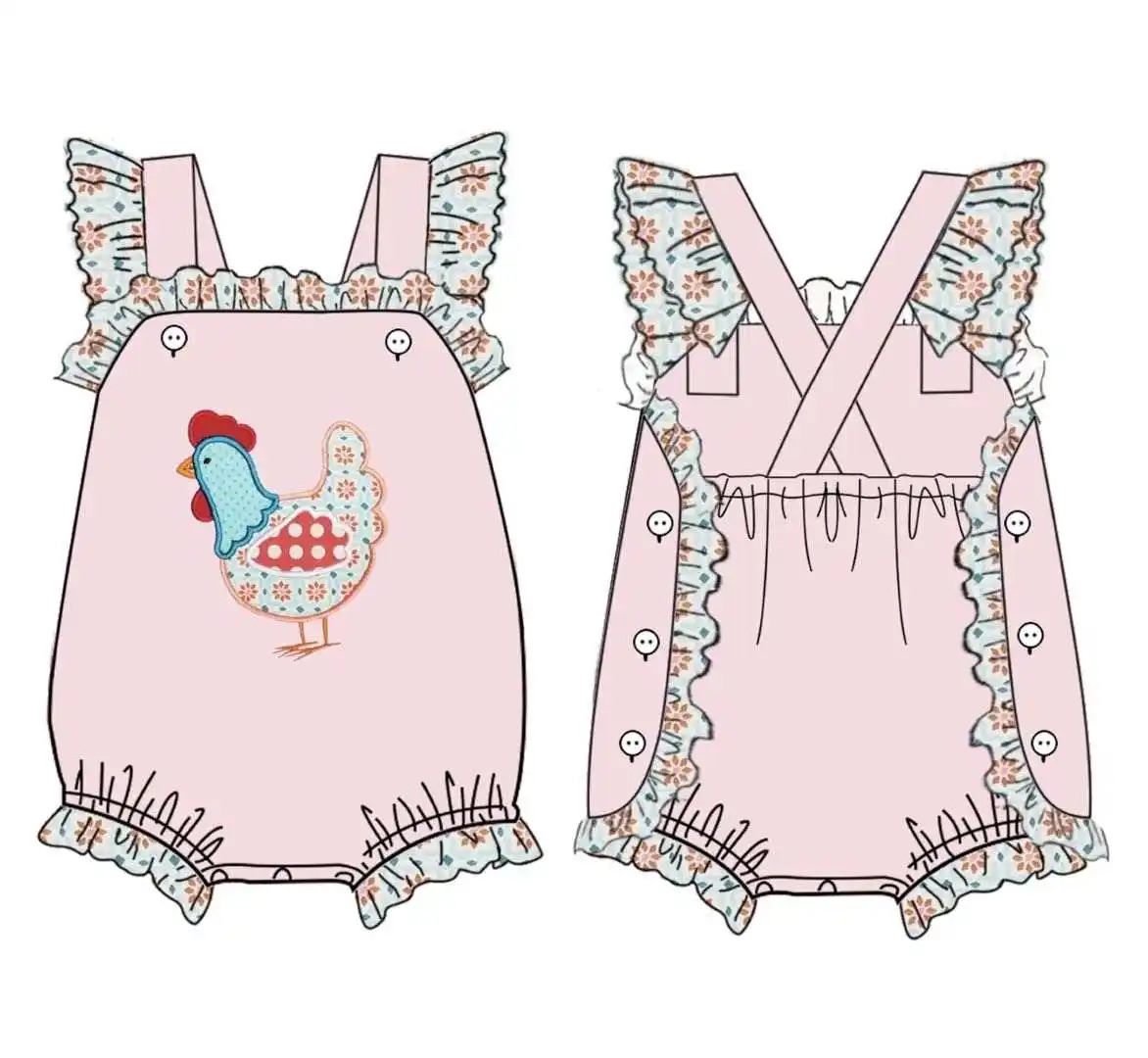 新しいチキンパターン刺繍レースバッククロスストラップキッズジャンプスーツピンクの服