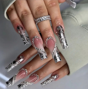 <span class=keywords><strong>Uñas</strong></span> Postizas Hechas a Mano, Extra <span class=keywords><strong>Largas</strong></span>, <span class=keywords><strong>Cuadradas</strong></span>, <span class=keywords><strong>Francesas</strong></span>, con Diseño Ombre, Cromo Plateado y Cristales de Imitación - Product Image 1