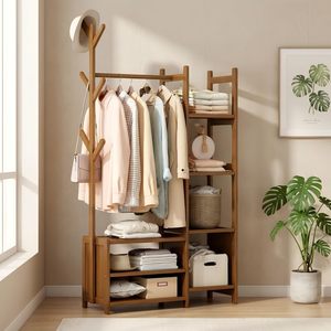 Porte-vêtements SENYU en bambou, étagère de rangement pour chambre à coucher, organisateur de vêtements, porte-chapeaux, armoire avec 6 crochets - Product Image 4