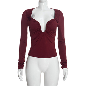Viviblook J26TP343 – haut décontracté à manches longues pour femme, couleur unie, col en U, coupe cintrée, nouvelle collection automne - Product Image 1