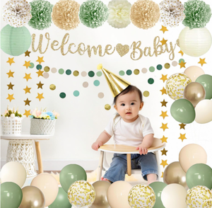 Bienvenido bebé Banner pastel Topper colgante blanco <span class=keywords><strong>verde</strong></span> papel pompones <span class=keywords><strong>linterna</strong></span> globos punto estrella guirnalda para decoración de fiesta de bienvenida al bebé - Product Image 2