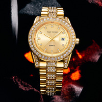 Montre de luxe pour homme personnalisée avec cadran en or, boîtier en alliage, lunette sertie de diamants, bracelet Président et calendrier – Fabricant de montres de marque privée