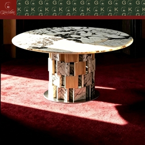 <span class=keywords><strong>Table</strong></span> ronde en marbre Calacatta Viola GOLDKING, base blanche, veines gris foncé et noires, nuances violettes, base en bois et métal, sur mesure - Product Image 2