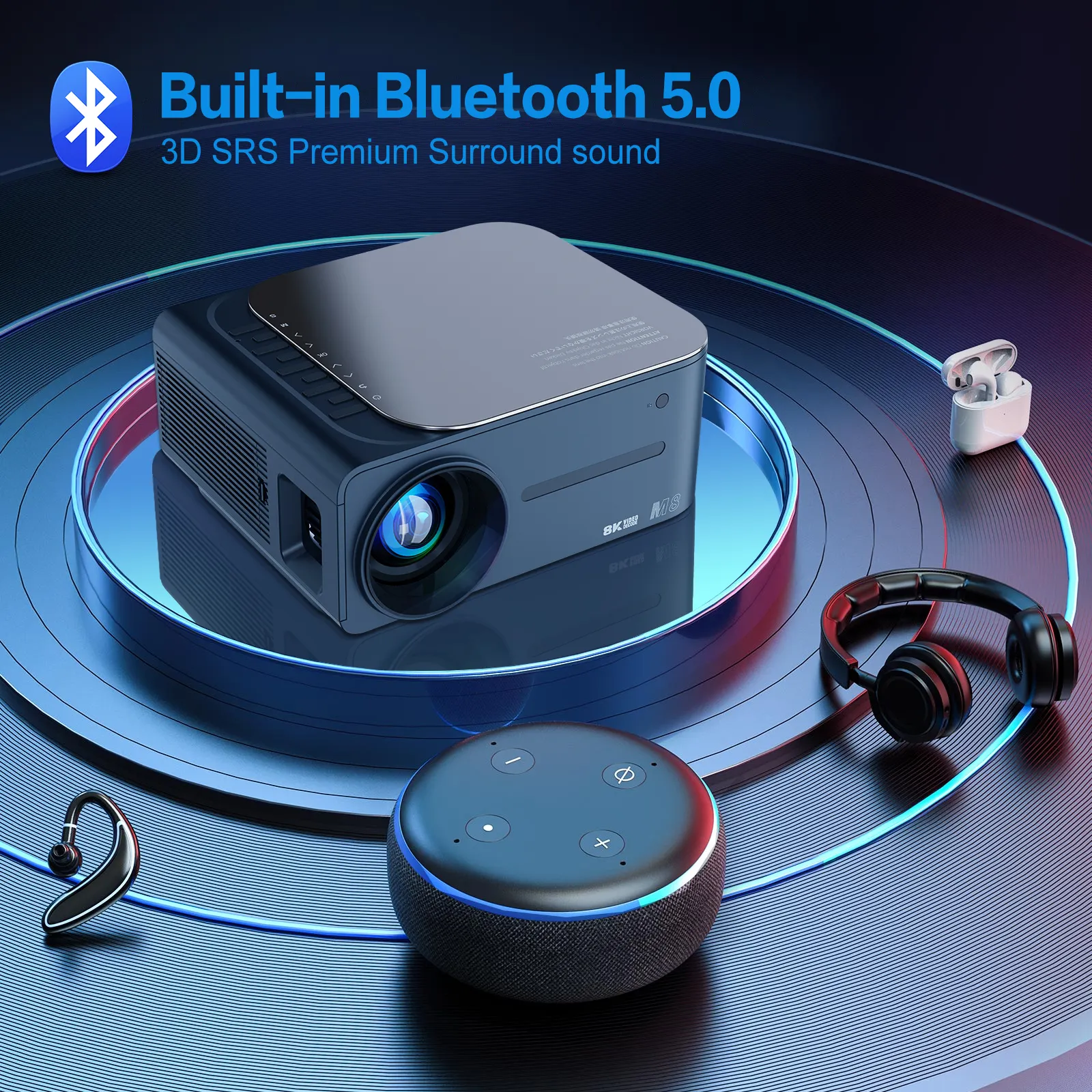 ミニプロジェクター M8 フルHD 1080p 4K スマートAndroid Wifi BT 携帯 