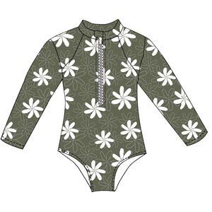Traje de Baño de una Pieza para Niñas, Diseño Floral Verde Oliva, Manga Larga, Transpirable, con Cierre, para Playa, Verano - Product Image 3