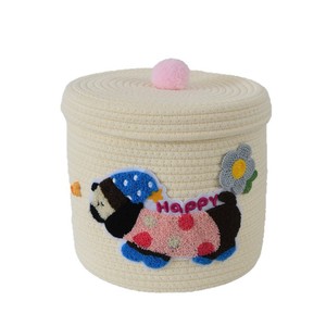 Cesta de Almacenamiento Redonda de Tela No Tejida Beige Happy Puppy, Organizador de Escritorio para el Hogar y Dormitorio - Product Image 1