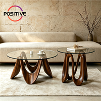 Ensemble de table basse moderne avec plateau en verre rond et pieds en bois massif, design créatif, meubles de salon, fabrication OEM directe d'usine