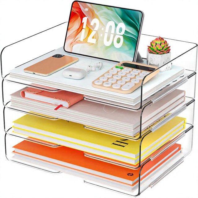 YKLSLH 4-Tray Acrylic Stackable Clear Desk File Organizer for Office Use Letter/A4 Size Holds Papers Notes Books & iPad