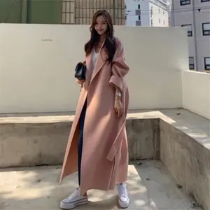 Korean winter ladies solid color long jackets casual woolen cardigans buttons Womens Fashion Wool Maxi Blazer Coats with belt