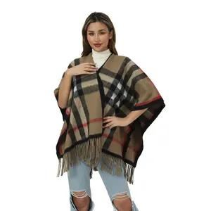 New Plaid Pattern Open Front Cardigan Warm Shawls Women Fashion Striped Blanket Capes Double Sided Wool Poncho Cloak With Tassel