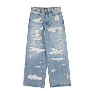 Nouvelles tendances, jean déchiré ample en denim 100% coton 14 oz, style streetwear, coupe ample, délavé à la pierre, usé, pour hommes - Product Image 6
