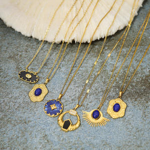 Collier pendentif en pierre naturelle bleu marine avec chaîne de verrouillage gravée vintage clavicule plaqué or 18 carats style de <span class=keywords><strong>cour</strong></span> tendance - Product Image 1