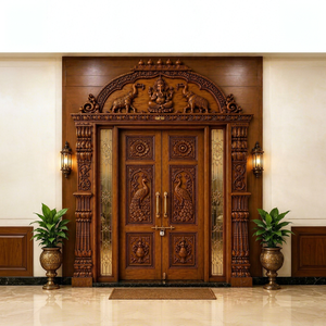 Porte de salle de prière en teck de style sud-indien, porte de temple en bois sculpté de luxe avec motif paon, pour la communauté tamilienne aux États-Unis - Product Image 1