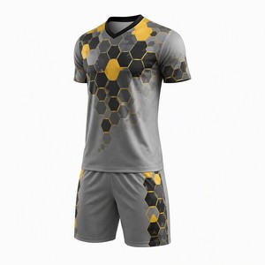Ensemble de maillots de football en acier à motif hexagonal, argent, noir, jaune, kits de football personnalisés, uniforme d'équipe entièrement sublimé, vente en gros - Product Image 6