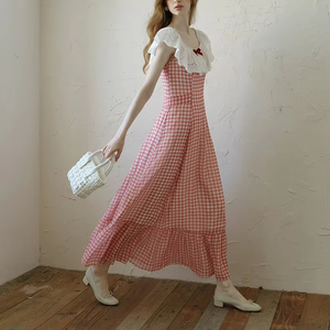 Off the shoulder lace ruffle <strong>red</strong> checkered maxi dress with bow - Product Image 4