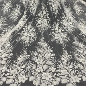 Fancy embroidery french beads tule lace fabric