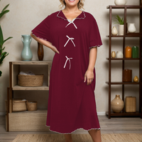 Grande Taille Nuisette Robe de Chambre Froncée Rouge Soie Lactée Nœud Décontractée et Confortable