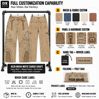 Jean cargo moto en denim délavé personnalisé 360 g/m² avec empiècements côtelés style motard, poches utilitaires zippées et bords effilochés – Streetwear OEM ODM