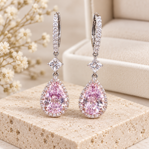 Orecchini con zirconi rosa a goccia per donna, gioielli alla moda a forma di pera, eleganti e scintillanti - Product Image 5