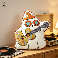 Coussin en peluche fantôme d'Halloween, brodé avec une guitare, bordure à pompons, coussin décoratif doux pour la maison et le canapé