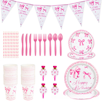 Articles de fête d'anniversaire rose avec nœud papillon pour filles : Assiettes, gobelets, serviettes, nappe et guirlande décorative pour une décoration douce et festive