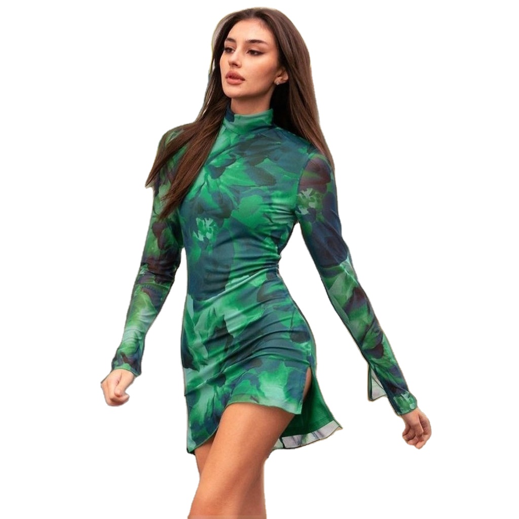 Hot Sale Casual Women Dress Long Sleeve Women Print Mesh Dress Bodycon Mini  Dress| Alibaba.com