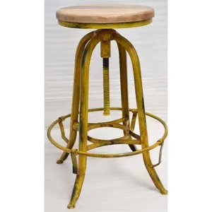 Tabouret de bar de comptoir de restaurant Colo Cafe jaune vieilli Siège en bois de manguier vintage industriel pivotant à main ronde