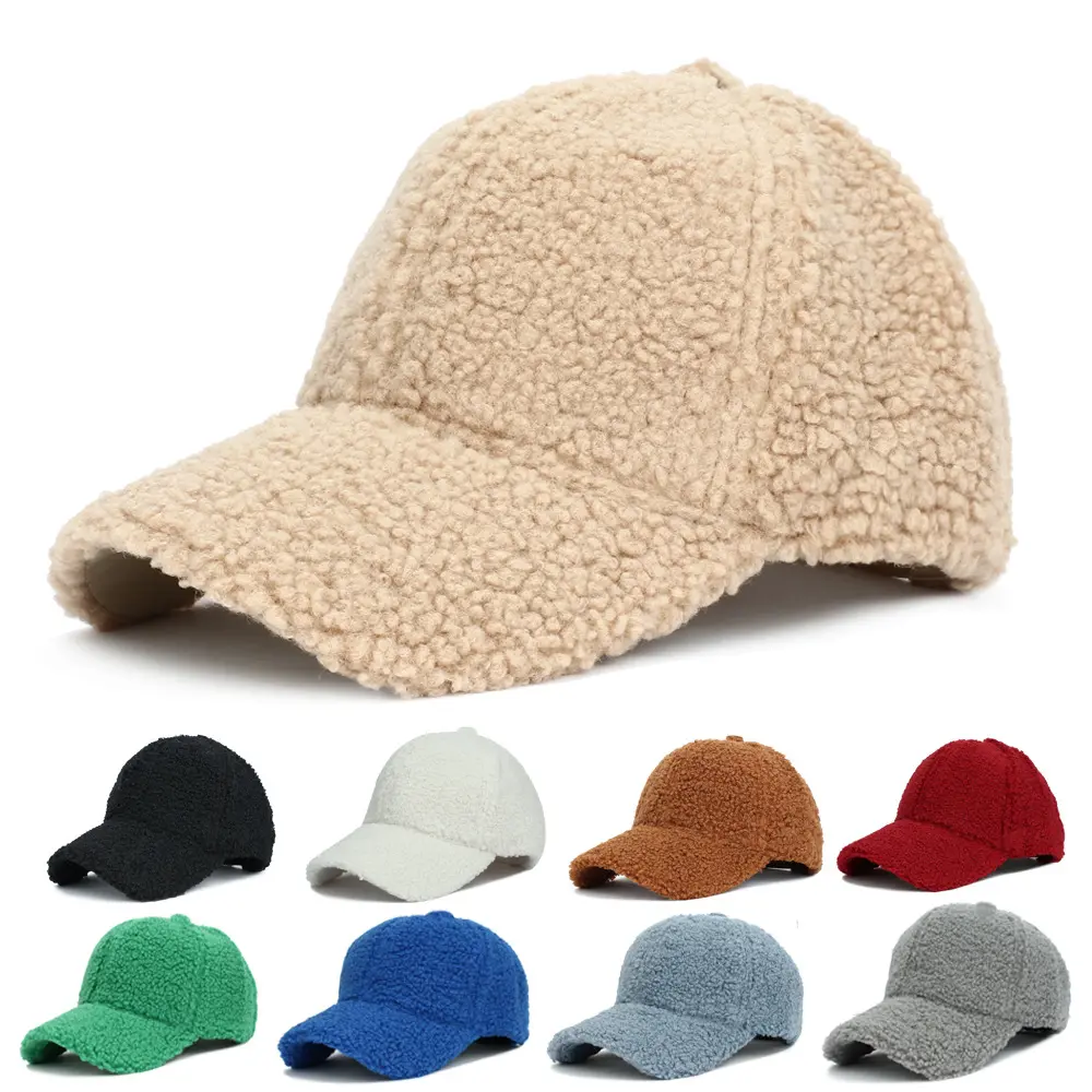 Burgundy Green Blue Thicken Warm Lamb Wool Winter Hat Fashion Plush Teddy Velvet Fur Plain Sports Baseball Cap