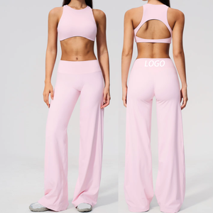 Conjunto de Yoga de 2 Piezas para Mujer con Logotipo Personalizado, Sujetador Deportivo con Espalda Abierta y Pantalones de Cintura Alta con Pierna Ancha y Corte Acampanado, Ropa de Gimnasio - Product Image 1