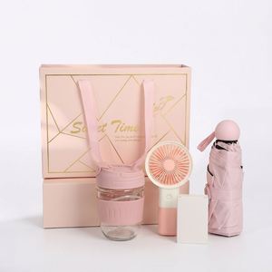 Luxury Summer 3 in 1 Corporate <b>Gift</b> Set Handheld Fan UPF50+ Folding Umbrella Glass Water Cup Custom Logo Bulk Wholesale - Product Image 5