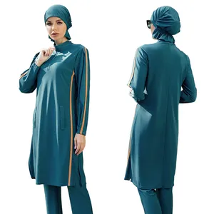 Maillot de bain bleu femme musulmane manches longues fermeture éclair maillot de bain hijab 3 pièces burkinis maillots de bain maillots de bain pour femmes musulmanes