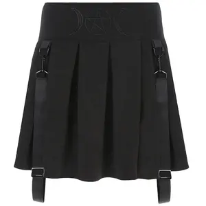 韩国黑色朋克百褶裙哥特式高腰裙女式休闲短裙带条纹街装2020