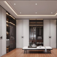 Lesso Home Storage Project Solution Armoire Minimaliste en Verre Clair avec Cadre Noir, Tiroirs Suspendus et Éclairage Chaleureux