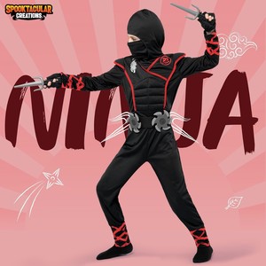 Conjunto de Disfraz de Ninja Acolchado para Niños con Capucha, Máscara y Accesorios de Armas, Traje de Artes Marciales con Línea Roja para Halloween, Cosplay y Fiestas - Product Image 2