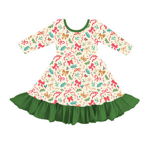 Noël enfant en bas âge bébé filles vêtements à volants garniture Twirl robe noël Coquette nœud à manches longues enfants fille à volants bambou Twirl robe - Product Image 1