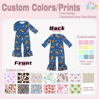 Romper lengan panjang dengan kancing bahu, aksen ruffle, potongan bell bottom, motif rusa dan salju, jumpsuit satu potong untuk bayi perempuan.