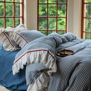 Aphne Pure Cotton Plaid Duvet Cover Set With Lace Trim 1.8m 2.0m <b>Bed</b> Breathable Home Use - Product Image 3