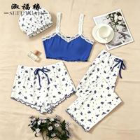 P573 Übergrößen-Pyjama-Set mit Spitzenbesatz-Cami-Top und Blumenmuster-Shorts, Inklusive Duschhaube und Schlafmütze