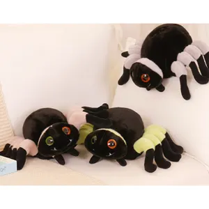 Peluche ragno nero, grandi occhi decorativi da collezione peluche imbottito morbido prendere un lungo cuscino pushie Squishes