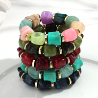 Bracelet élastique tendance 2026 avec perles carrées irrégulières couleur marbre, accessoires scintillants imprimé léopard et entretoise dorée FS