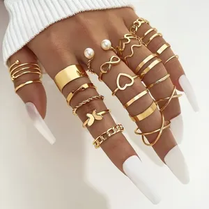 KISSWIFE Gold Open Adjustable Finger Rings Women Rock Jewelry 22pcs Wave Heart Pearl Butterfly Infinity Knuckle Ring Set