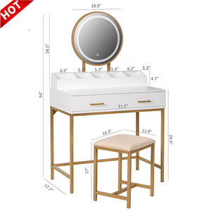Wholesale Modern Wooden <strong>Small</strong> Makeup Vanity Drawer Bedroom <strong>Dressing</strong> <strong>Table</strong> with Light Mirror <strong>Stool</strong> for Living Room or Hotel Use - Product Image 1