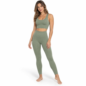 Ensemble de yoga côtelé pour femme, 2 pièces : Leggings taille haute et brassière de sport à col rond, sans couture, respirant, vert uni, tenue de sport - Product Image 1